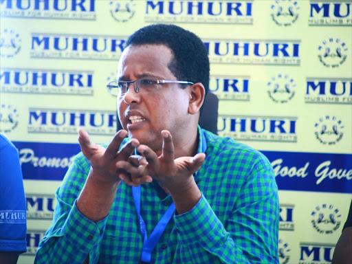 Muhuri executive director Hassan Abdille during a press conference at their Nyali offices, March 22, 2018. /JOHN CHESOLI