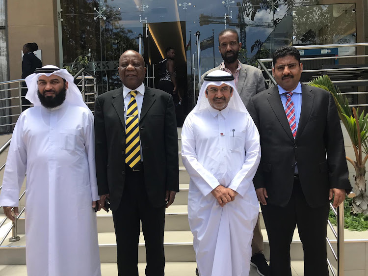 Qatar chamber of commerce delegates Mr Mohammed Bin Johar Al-Mohammed (left) and Mohamed Mahdi Ajayan Al-Ahbabi (second right) meet Senate Agriculture Committee chairman Njeru Ndwiga (second left) and Abdulwalli Shariff (right). Shariff organised the meeting on how to open a Kenyan agricultural centre in Qatar and Qatar trade centre in Kenya.