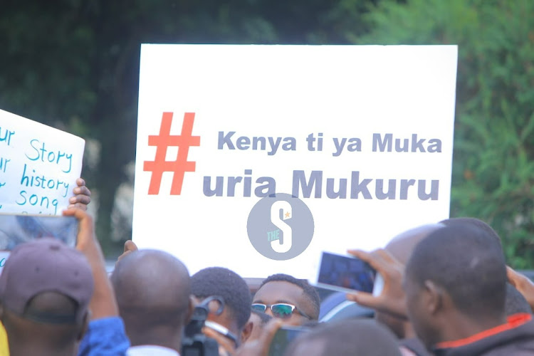 Mt Kenya youth hold placards during the Limuru III Conference on May 17, 2024.