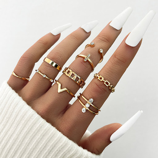 Title 4, Simple Cross Letter V Twist Ring 9-piece Set. A...