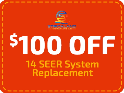 A coupon that reads $100 OFF in 14 SEER System Replacement.