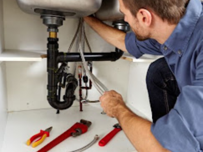 Plumber using an adjustable wrench to tighten water lines under a double basin kitchen sink.
