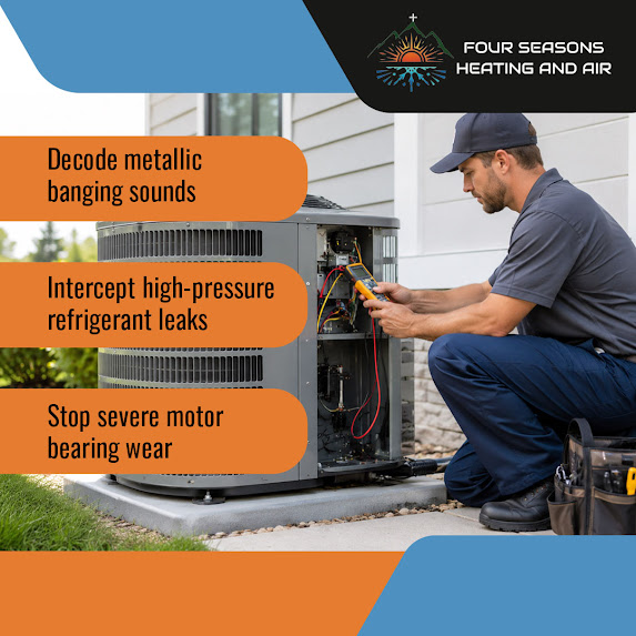 A Four Seasons Heating and Air promotional image detailing services to decode metallic banging sounds, intercept high-pressure refrigerant leaks, and stop severe motor bearing wear, featuring a technician checking an outdoor AC condenser.