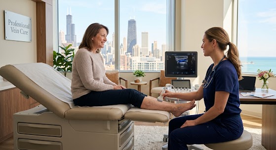 Medical professional performing a diagnostic leg vein ultrasound scan on a female patient at Professional Vein Care clinic in Chicago, IL.