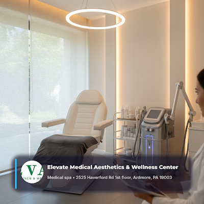 Clean, professional medical spa treatment room with neutral tones at Elevate Medical Aesthetics&Wellness in Ardmore