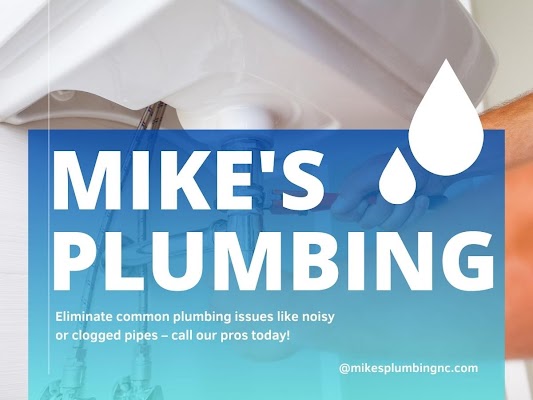 Mike's Plumbing promotional graphic featuring plumbing services, emphasizing solutions for noisy or clogged pipes, with contact information and a water droplet icon.