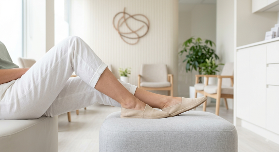 A patient elevating their legs on a comfortable ottoman in the modern waiting room of an Oak Brook medical office.