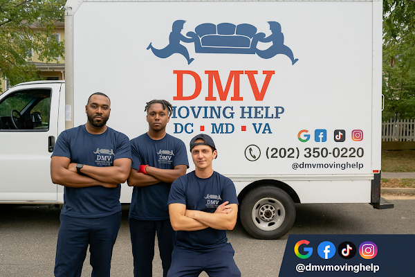 DMV Moving Help crew in uniforms, standing in front of a branded moving truck
