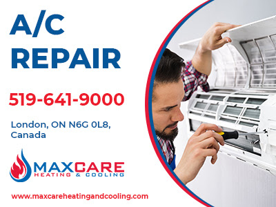 A technician screwing an AC unit in the background with a banner that reads A/C Repair.