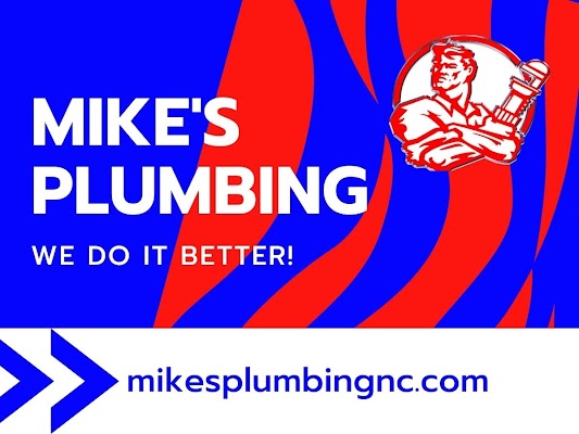 Mike's Plumbing logo featuring a muscular plumber holding a wrench, with text "MIKE'S PLUMBING" and slogan "WE DO IT BETTER!" against a vibrant red and blue background, promoting plumbing services in Fayetteville, NC.