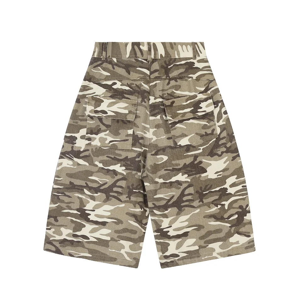 Męskie i damskie jeansy robocze z krótkimi nogawkami w stylu retro camo, wieloma kieszeniami, szeroki krój, idealne do pracy i na co dzień.