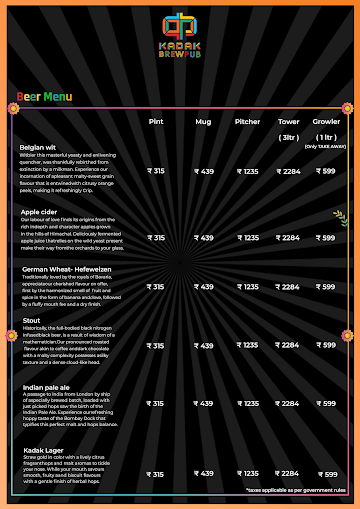 Kadak Brewpub menu 