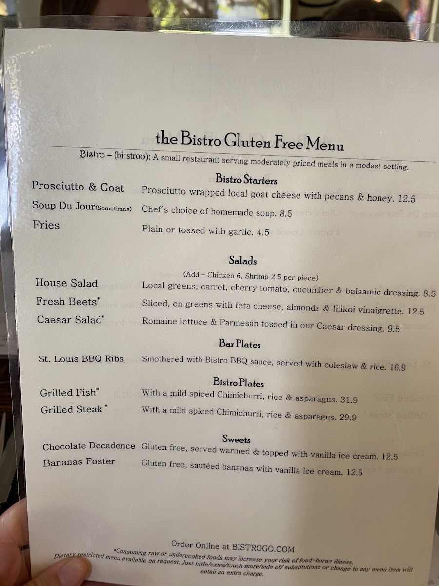 The Bistro gluten-free menu