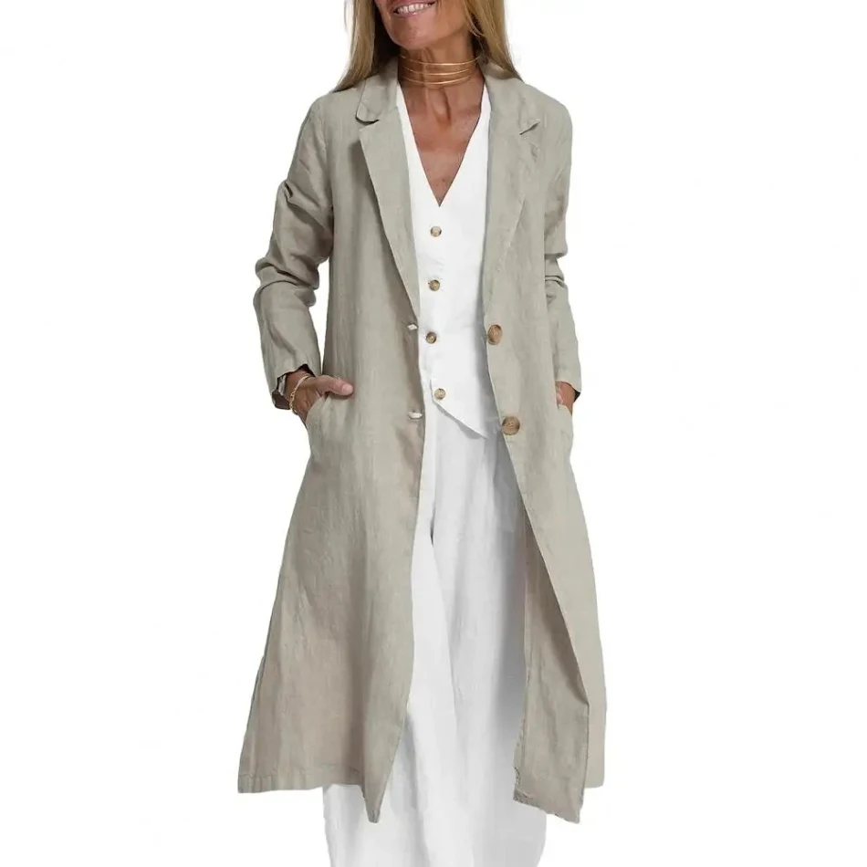 Dames Fashion Casual Katoen Linnen Trenchcoat met Reverskraag en Zakken Jas Perfect voor Een Stijlvolle en Comfortabele Look Geschikt voor Dagelijks Gebruik