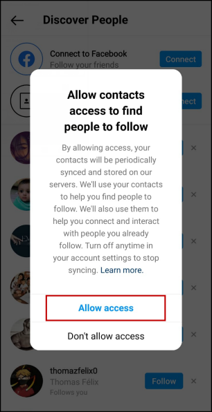 'Allow access' to get Facebook friends.