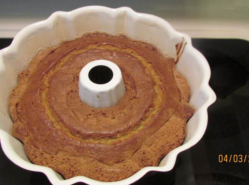 My Bundt Cake Pan Of Pistachio Nut Cake Out Of The Oven In 45 Minutes. Looking Good So Far. 4/3/13