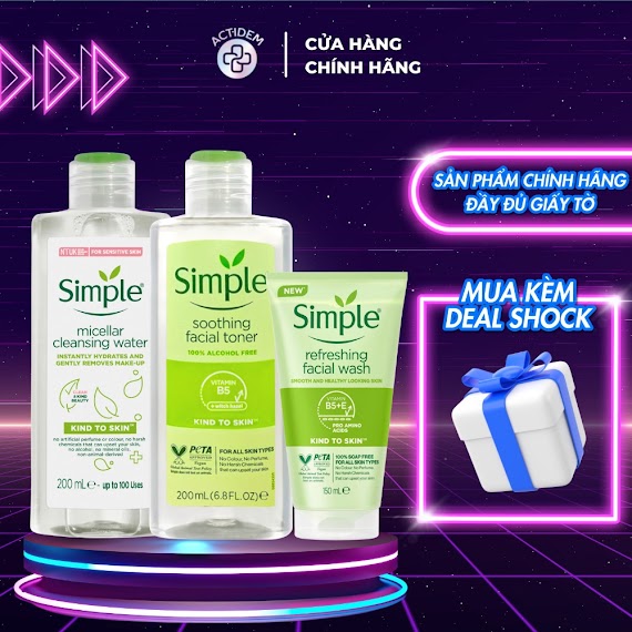 Combo Sữa Rửa Mặt Simple Refreshing Facial Wash 150Ml, Toner 200Ml, Tẩy Trang 200Ml