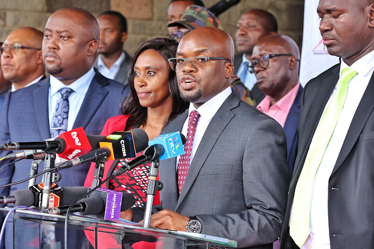 Interior PS Raymond Omollo addresses the media on flood mitigation measures on Tuesday, November 28, 2023.