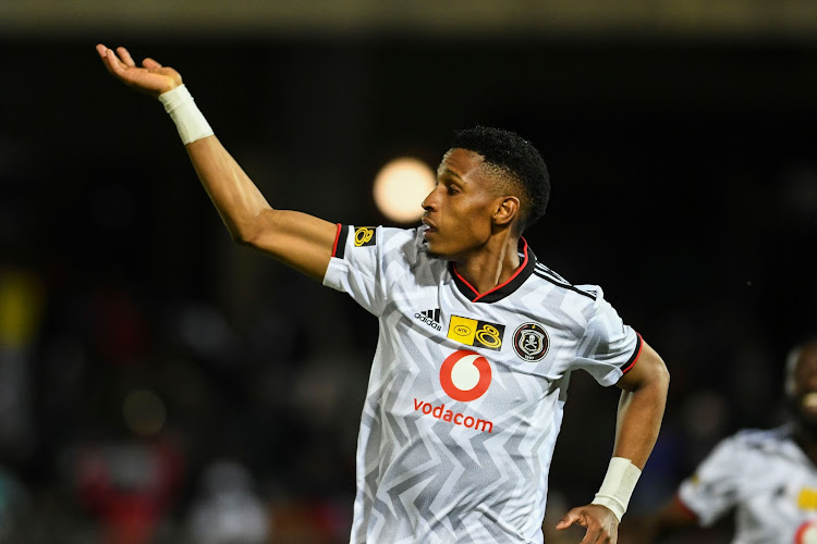 Orlando Pirates player Vincent Pule celebrates scoring during the MTN8 quarter final match against Royal AM at Chatsworth Stadium on August 27, 2022.