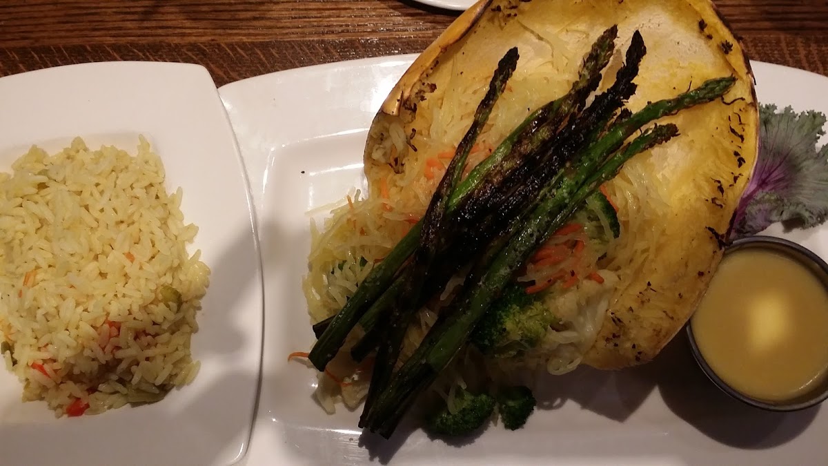 Spaghetti squash with roasted vegetables and rice pilaf