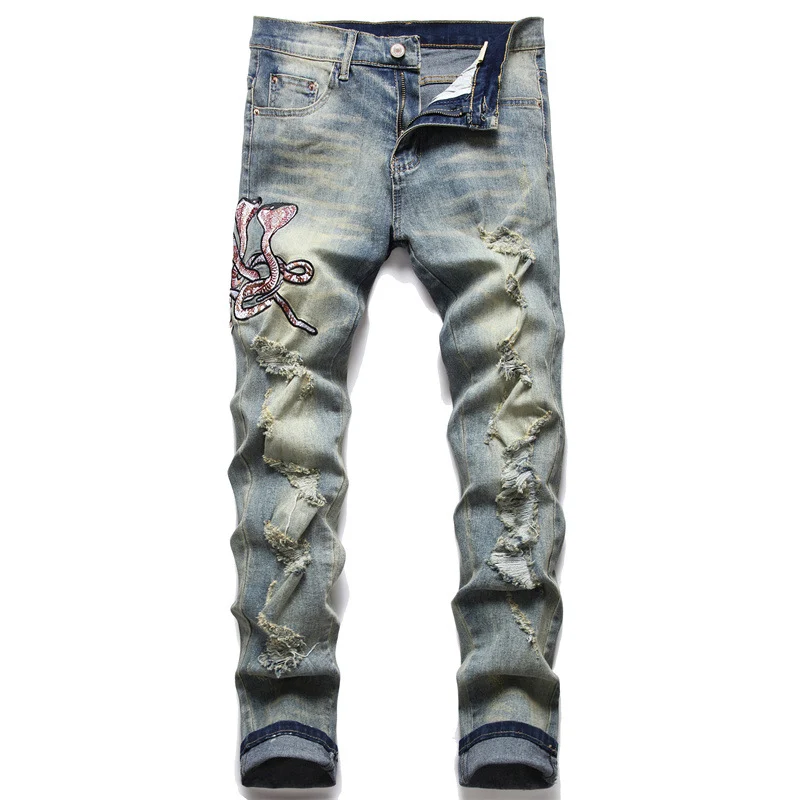 Jeans Młodzieżowe Bawełniane Ręcznie Strzępione Spodnie Średni Stan Codzienne Popularne Wygodne na co dzień.