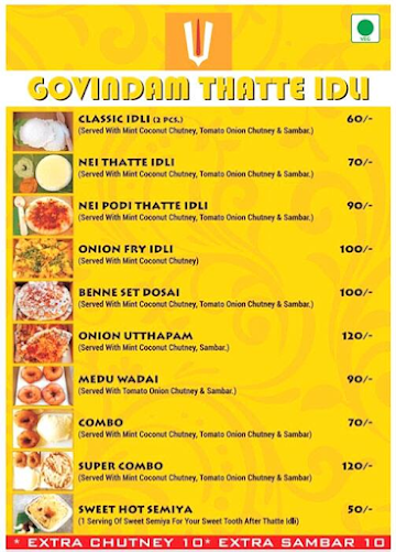 Govindam Thatte Idli menu 