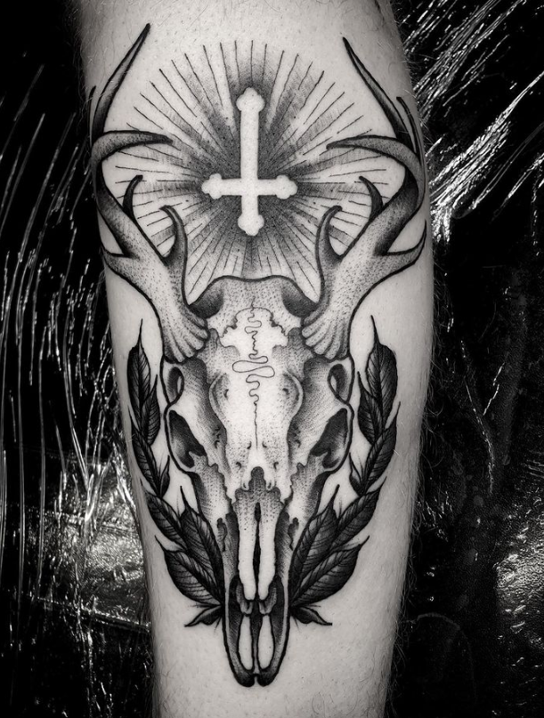 Black Work Skull Stag With Cross Stag Tattoo Designs Ideas