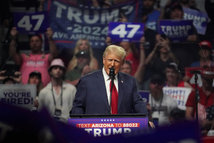 Republican presidential nominee and former US President Donald Trump speaks at a rally in Glendale, Arizona, US, on August 23 2024. Picture: GO NAKAMURA/REUTERS