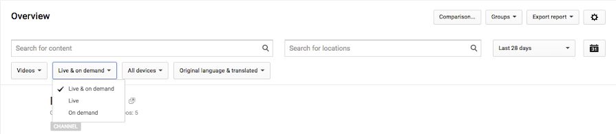 Las opciones para ordenar los datos se encuentran en el menú desplegable "En directo y bajo demanda" de Estadísticas de YouTube