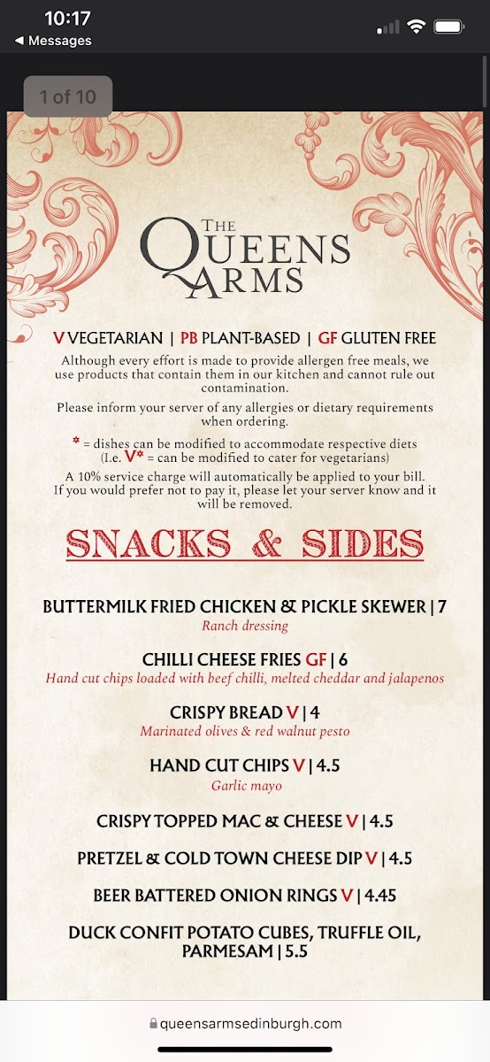The Queens Arms gluten-free menu