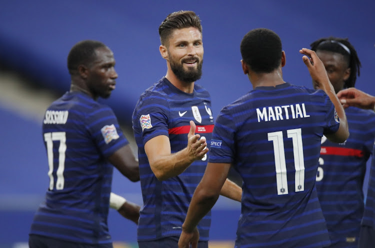 France's Olivier Giroud celebrates scoring with teammates in the UEFA Nations League A, Group 3 match against Croatia at Stade de France, Saint-Denis, on September 8, 2020