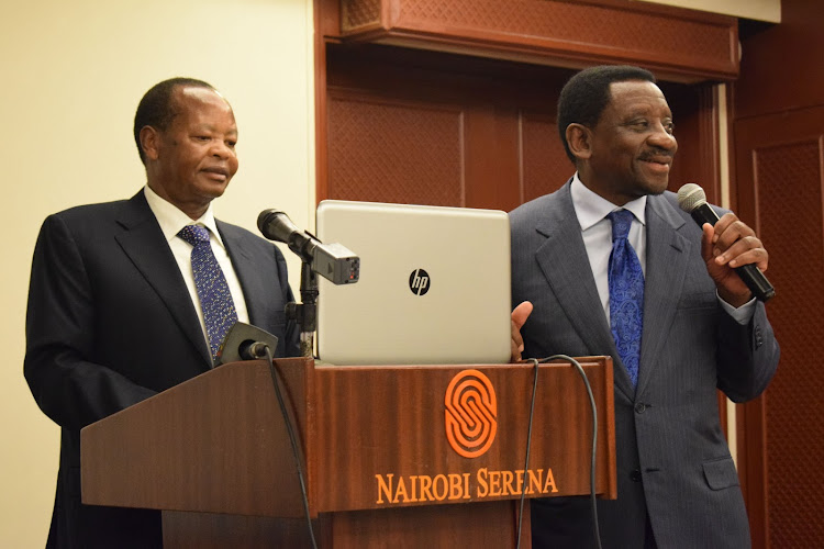 Nyeri Senator Ephraim Maina and Senate Minority leader James Orengo at Serena Hotel, Nairobi, on December 19, 2019.