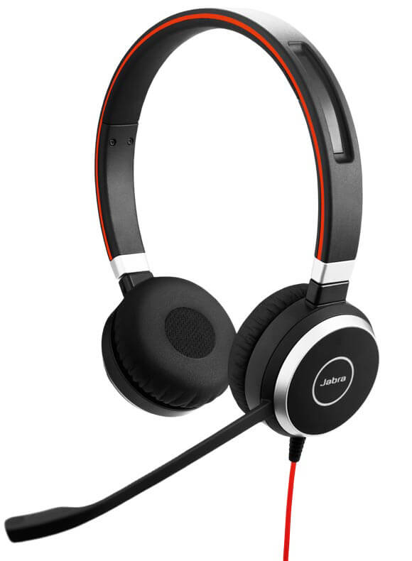 mostly black headset, with red wire and accents. microphone sticking out. same as item below, but over both ears. 