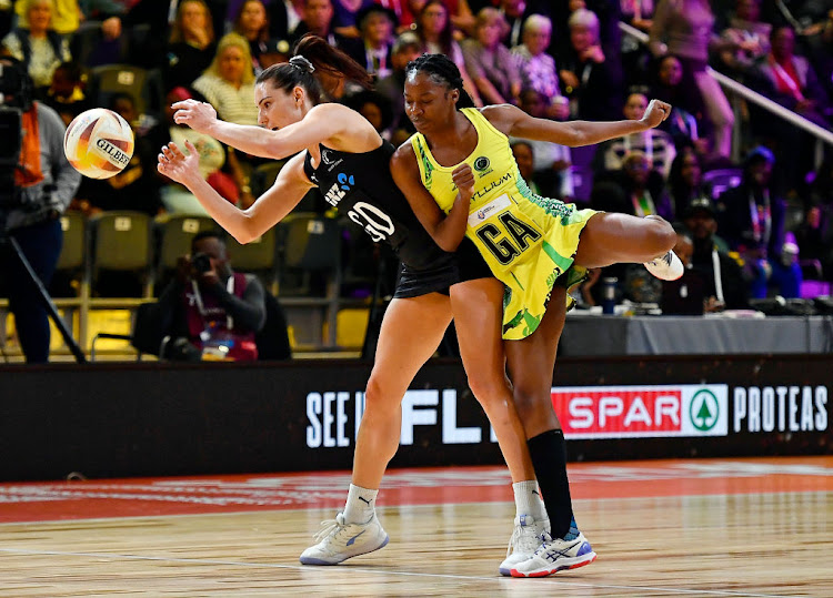 Karin Burger of New Zealand and Shanice Beckford of Jamaica during the Netball World Cup 2023, Pool G match at Cape Town International Convention Centre Court 1 on August 03, 2023 in Cape Town.