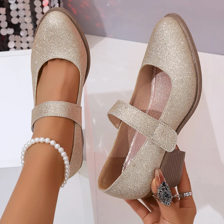 Zapatos de mujer dorados con velcro tacón alto simples y cómodos para un look elegante y fácil de poner y quitar