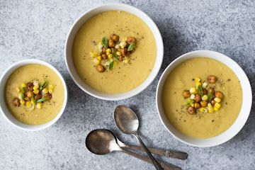 Slow Cooker Corn and Potato Soup with Roasted Chickpeas