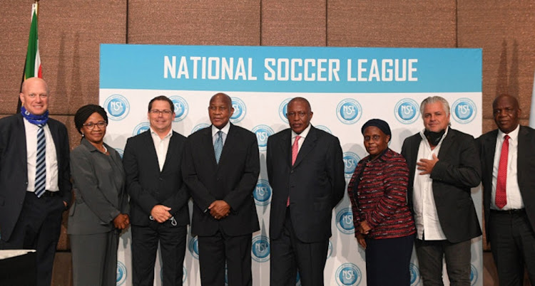 Members of the PSL executive committee in a photo released on the PSL's social media platforms on April 20 2023 are (left to right) Stanley Matthews, Rejoice Simelane, Robert Benadie, Kaizer Motaung, PSL chair Irvin Khoza, PSL CEO Mato Madlala, John Comitis and David Thidiela.