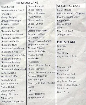 Celebrity Cake Shop menu 