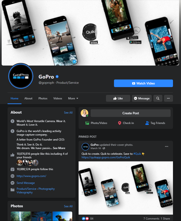 GoPro facebook page example