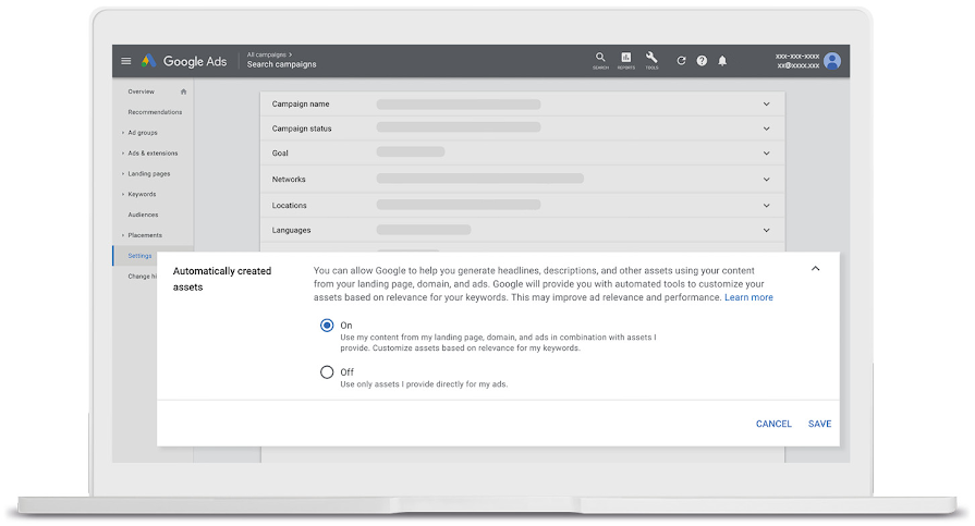 Screenshot of the opt-in page for automatically created assets