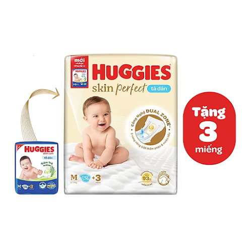 Tã-bỉm dán sơ sinh Huggies Skin Perfect M 76 (5-10kg) + Tặng 3 miếng