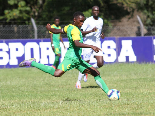 Kariobangi Sharks Geoffrey Shiveka clears the ball during a past KPL match /COURTESY