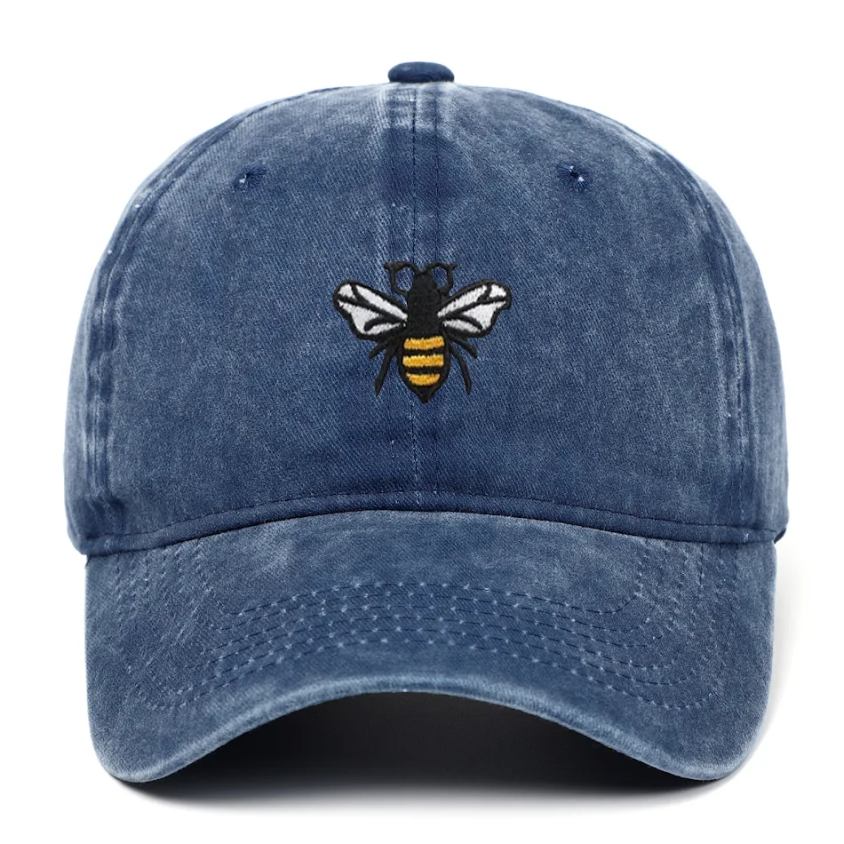 Casquette de baseball brodée d'abeille, style vintage usé et délavé, pour un look décontracté et une protection solaire élégante.