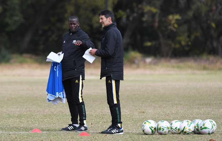 Bafana Bafana first assistant Čedomir Janevski and Helman Mkhalele during the team's training session at Discovery Park in Sandton on June 8 2021.