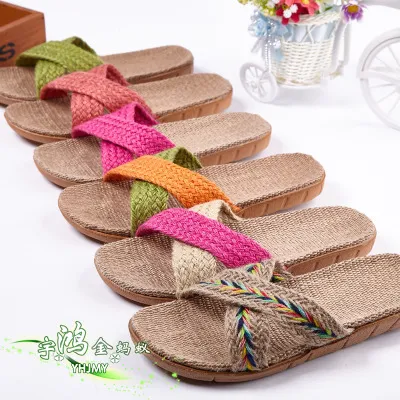 Pantoufles en lin pour hommes et couples, sandales et chaussons décontractés d'intérieur, antidérapants, pour la maison, automne et hiver.