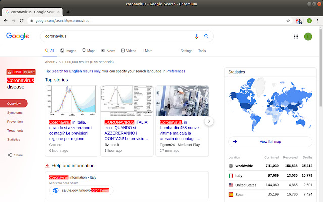 Coronavirus informer chrome extension