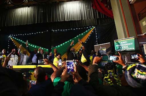 Members of the ANC Top 6 celebrate after cutting a cake during the ANC 106 birthday celebration held at East London City Hall. Picture: Masi Losi