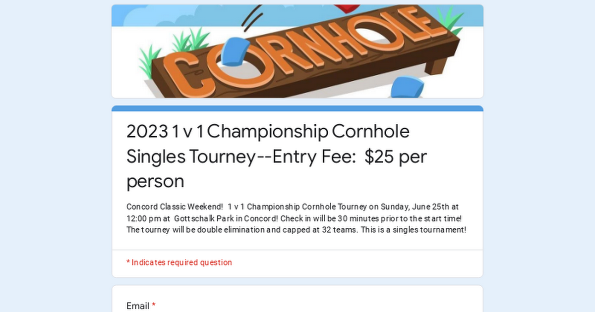 2023 1 v 1 Championship Cornhole Singles Tourney--Entry Fee: $20 per person