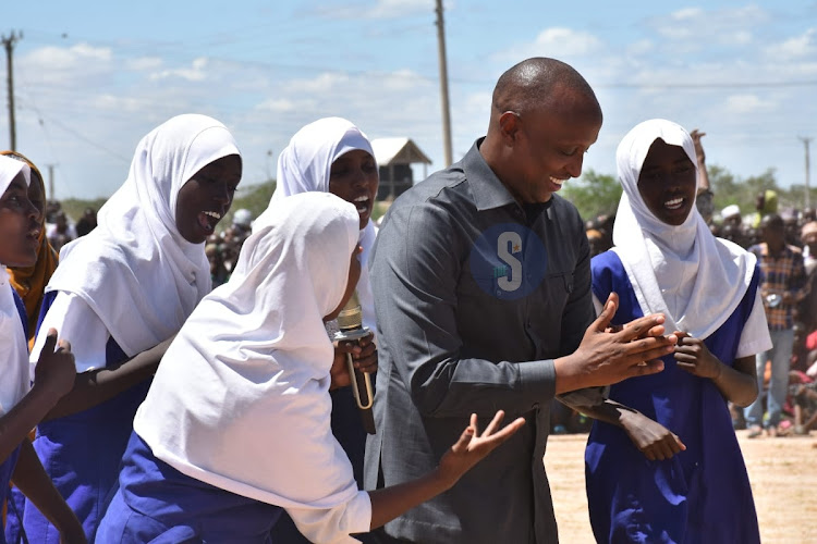 Isiolo Governor Abdi Hassan Guyo dancing during the 60th Madaraka Day celebrations in Merti, Isiolo County on June 1, 2023