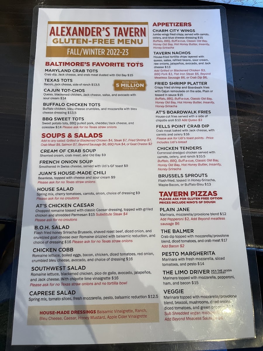 Alexander's Tavern gluten-free menu